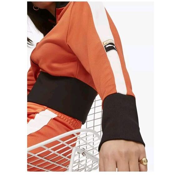 Puma Crop Jacket T7 Womens Sz M New Orange Black Striped Athletic Full Zip - Picture 3 of 10